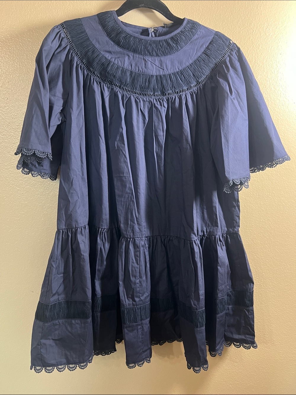 Smocked Yoke Navy Mini Dress with Lace Trim